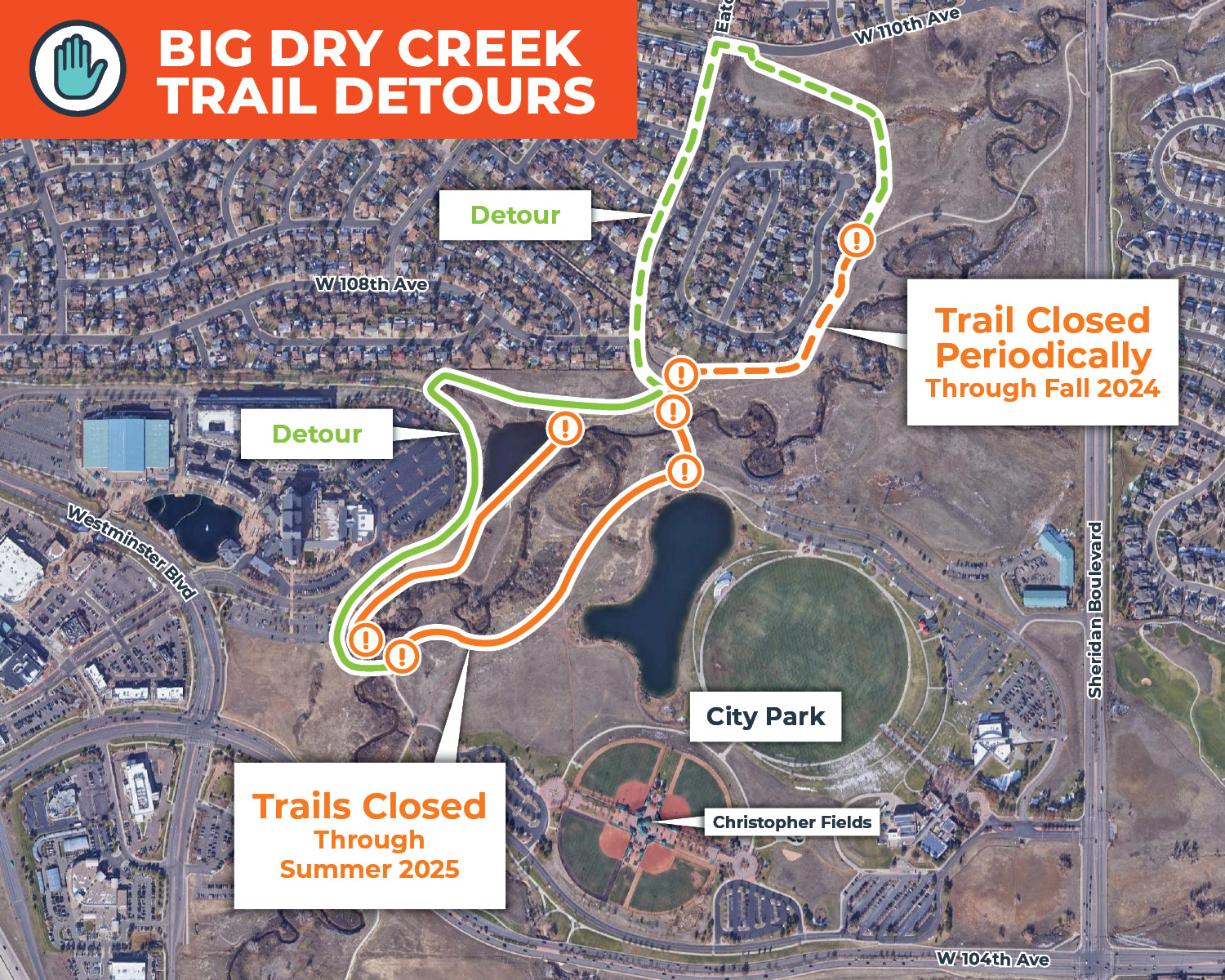 Map of detours along Big Dry Creek near City Park